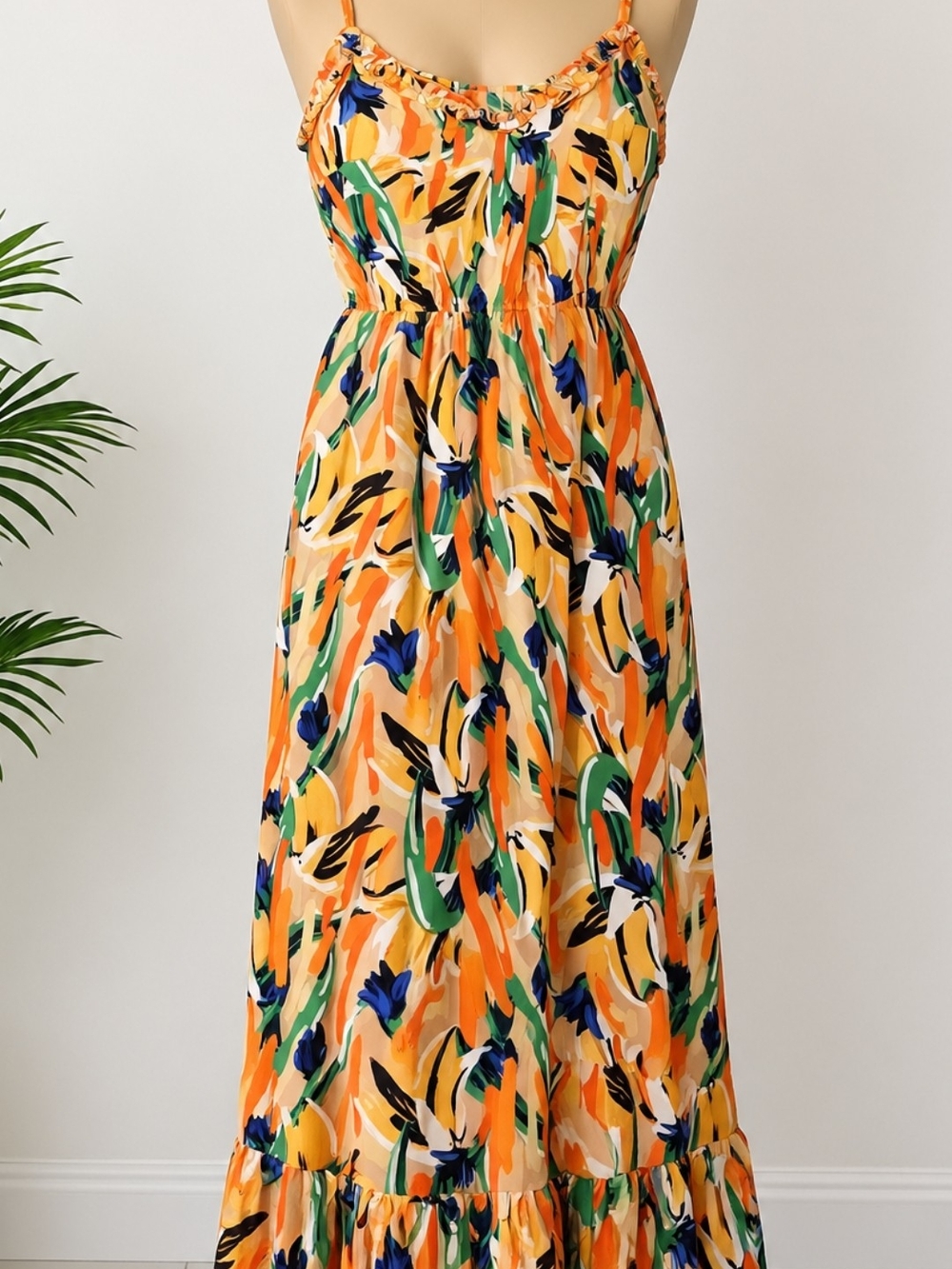 Orange Floral Print Maxi Dress with Spaghetti Straps